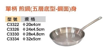 單柄 煎鍋(五層底型-鋼面)身